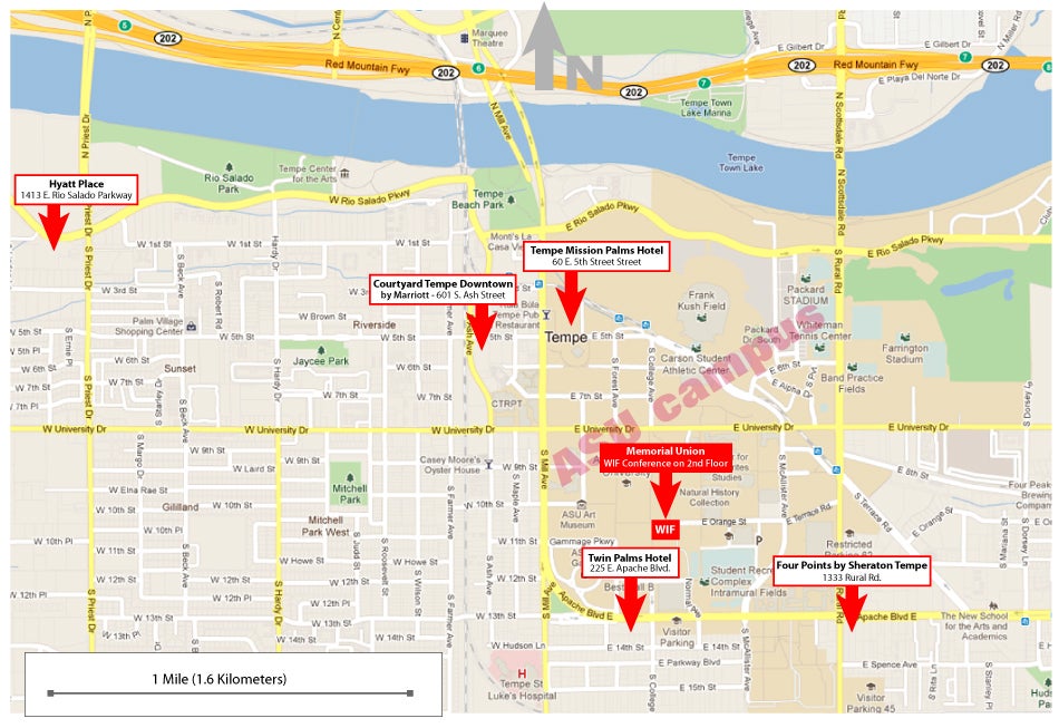 Map of Tempe showing hotels near ASU