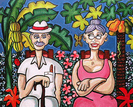 a painting of elderly couple sitting