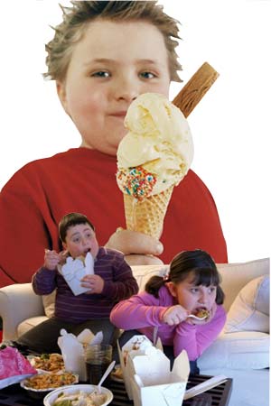 Image of a boy with ice cream and two kids watching TV.