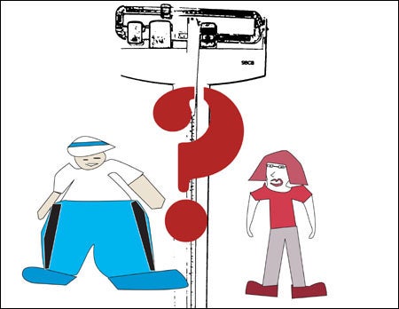 Image of an oerweight boy and a lean girl separated by a scale.