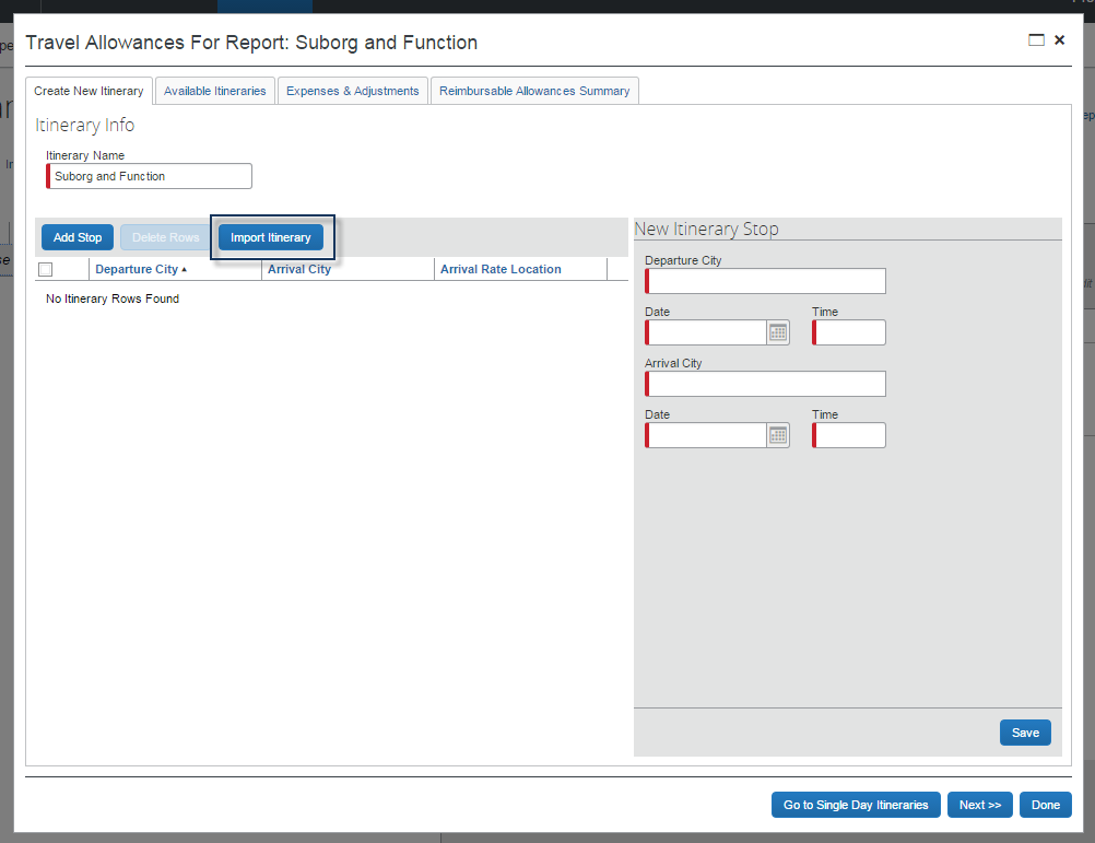 import an itinerary and create daily allowance expenses business