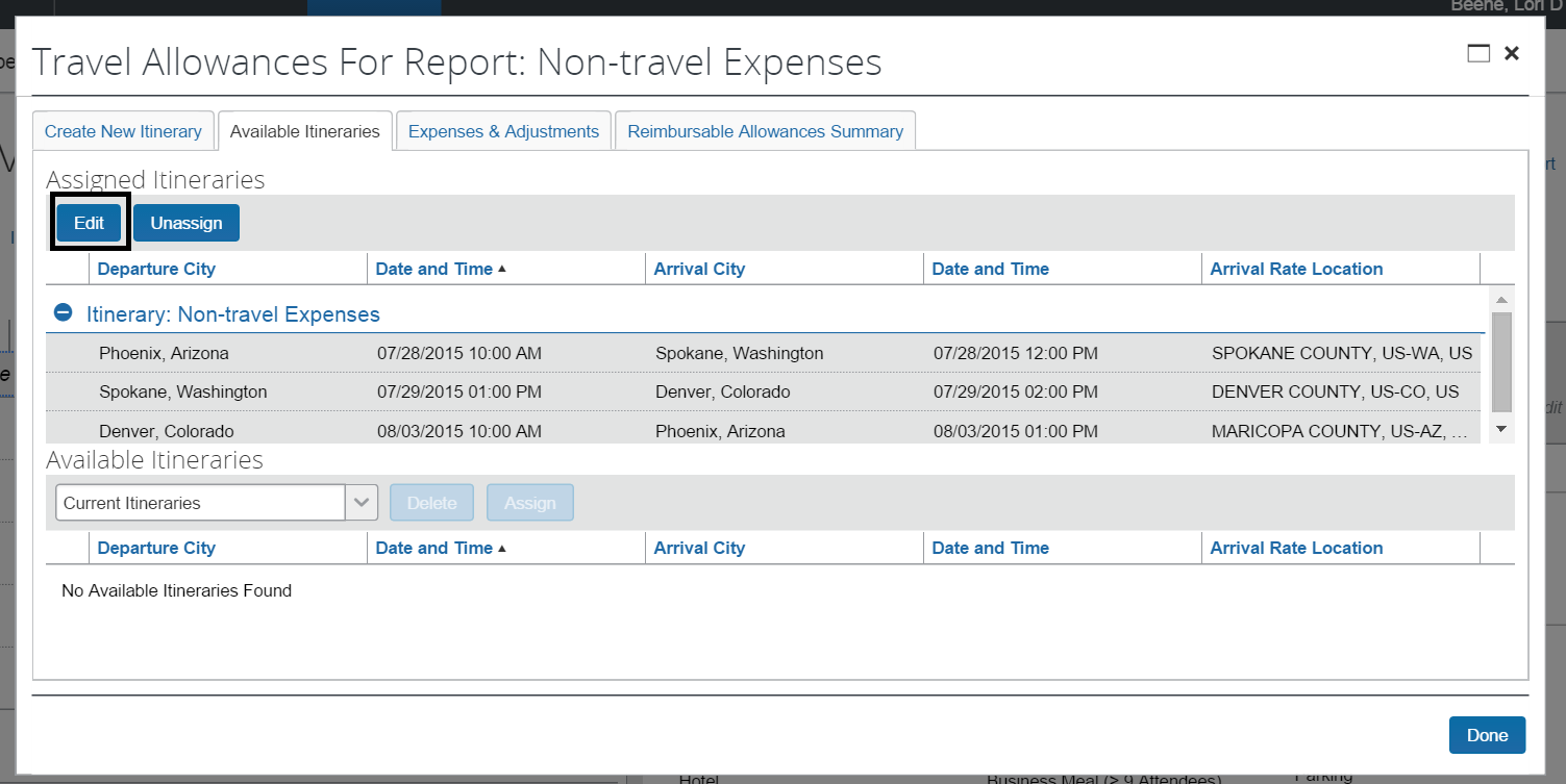 import an itinerary and create daily allowance expenses business