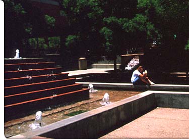 The BAC courtyard, with shade trees and fountains, is a great place for reading, studying, and socializing.