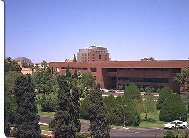 ASU Main's Student Services Building, as seen from Gammage Auditorium. Most on-campus student services can be accessed here.