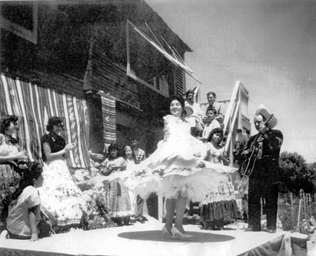 A woman dances on a platform while others in traditional attire watch; a man plays the guitar.