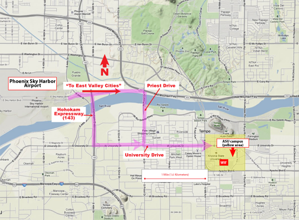 map showing route from Phoenix airport to ASU campus