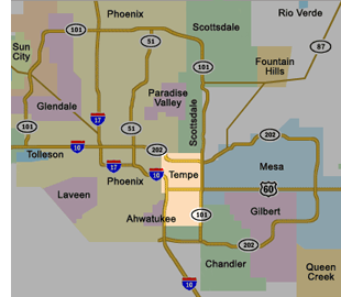 map showing Tempe in the Phoenix metropolitan area