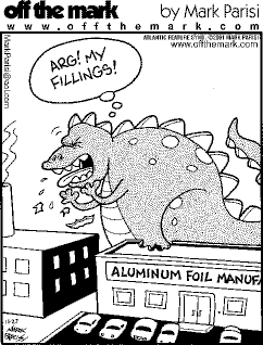 Cartoon of a large dinosaur that took a bite out of an Aluminum Foil Manufacuring plant. Dinosaur is spitting and coughing with his tongue out and says, "Arg! My Fillings".
