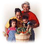 family and basket of vegetables