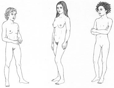 three girls bodies showing change in puebert growth at same age, 13