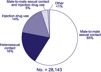 Circle graph showing the sources of HiV/AIDs in men in 2004 - 65% from male-to-male sexual contact