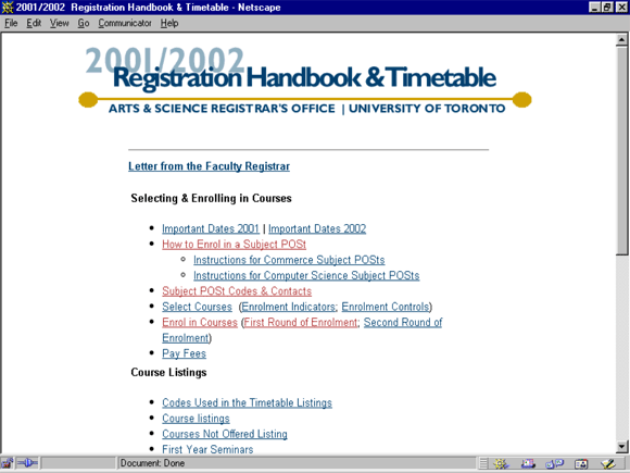 [image of University of Toronto Registration Handbook & Timetable webpage]