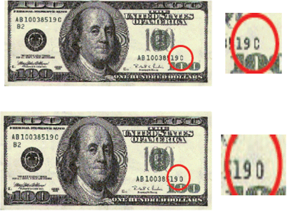 [photo of the serial numbers on a One-Hundred Dollar bill]