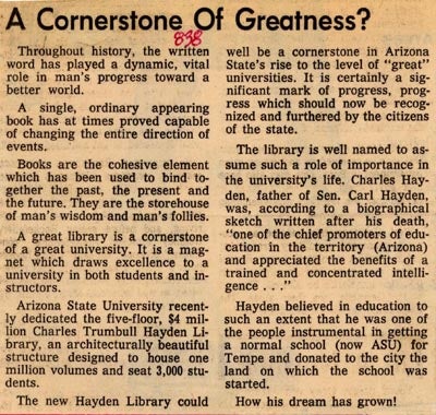 Phoenix Gazette article about Hayden Library, 11/29/66