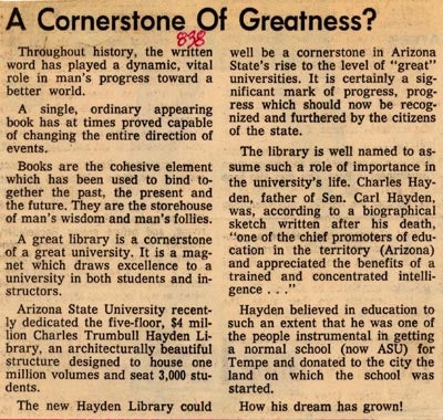 Phoenix Gazette article about Hayden Library, 11/29/66