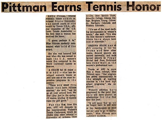 ASU Women's Tennis Coach, Phoenix Gazette, 1974