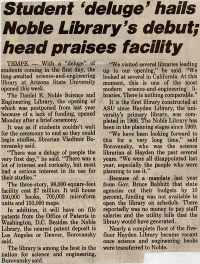 Arizona Republic article about Noble Library Debut, 1983