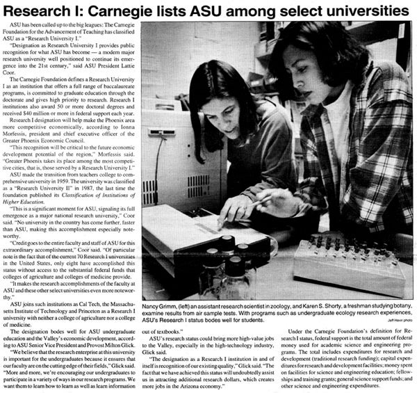 ASU Insight article about Research I Status, 1994