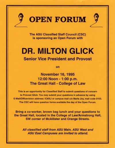 Classified Staff open forum, Dr. Milton Glick, 1995