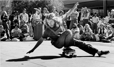 Student demonstrates a new craze - the skateboard, 1970s