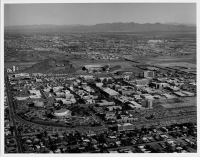 Aerial of the campus, Tempe and Scottsdale toward the north, 1984