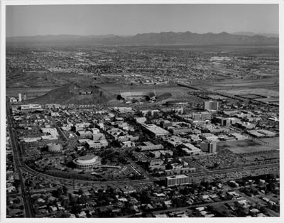 Aerial of the campus, Tempe and Scottsdale toward the north, 1984