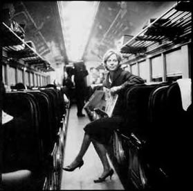 Barbara Guest on the train. Photograph taken by Fred W. McDarrah, 1959