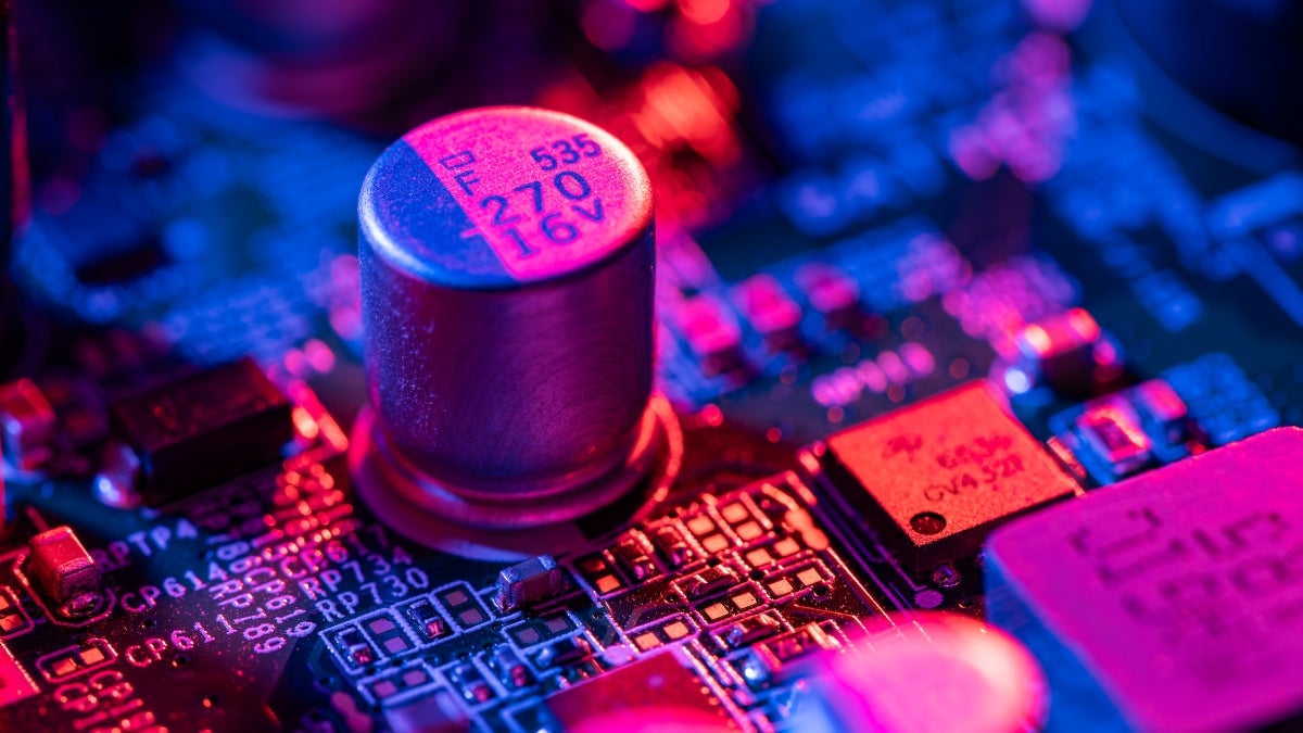 Close-up photo of capacitors on a motherboard