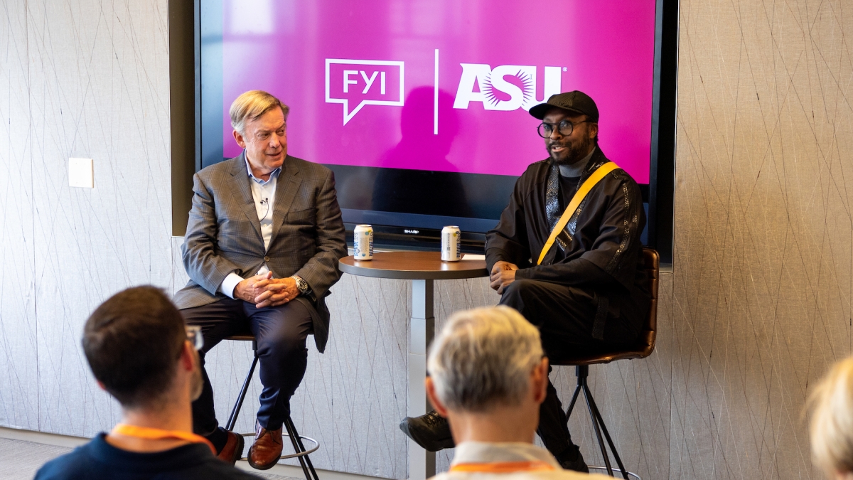 ASU President Michael Crow and musician will.i.am speak in front of an audience