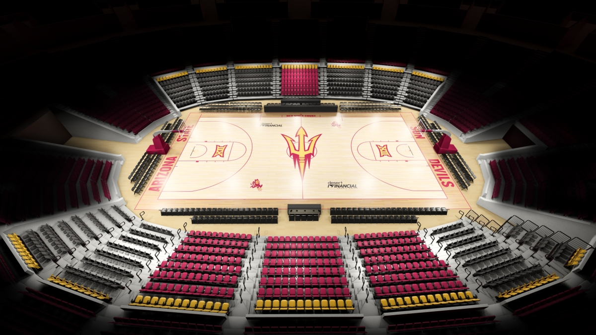 Artist rendering of the inside of Desert Financial Arena with an ASU pitchfork on the basketball court