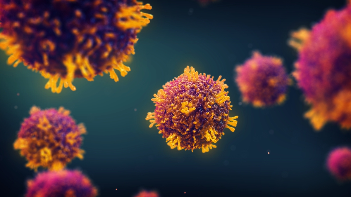 Illustration of viruses in pink and yellow against blue background.