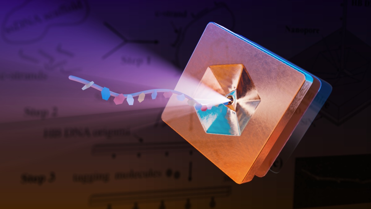 Graphic illustration of a strand of engineered DNA passing through a nanoscale sensor.